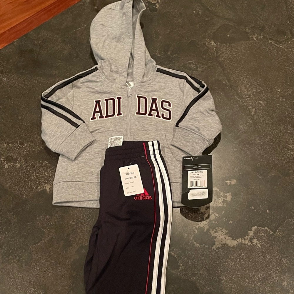 NWT 2pc Adidas hoodie and pants set in grey, black and red . Size 9months